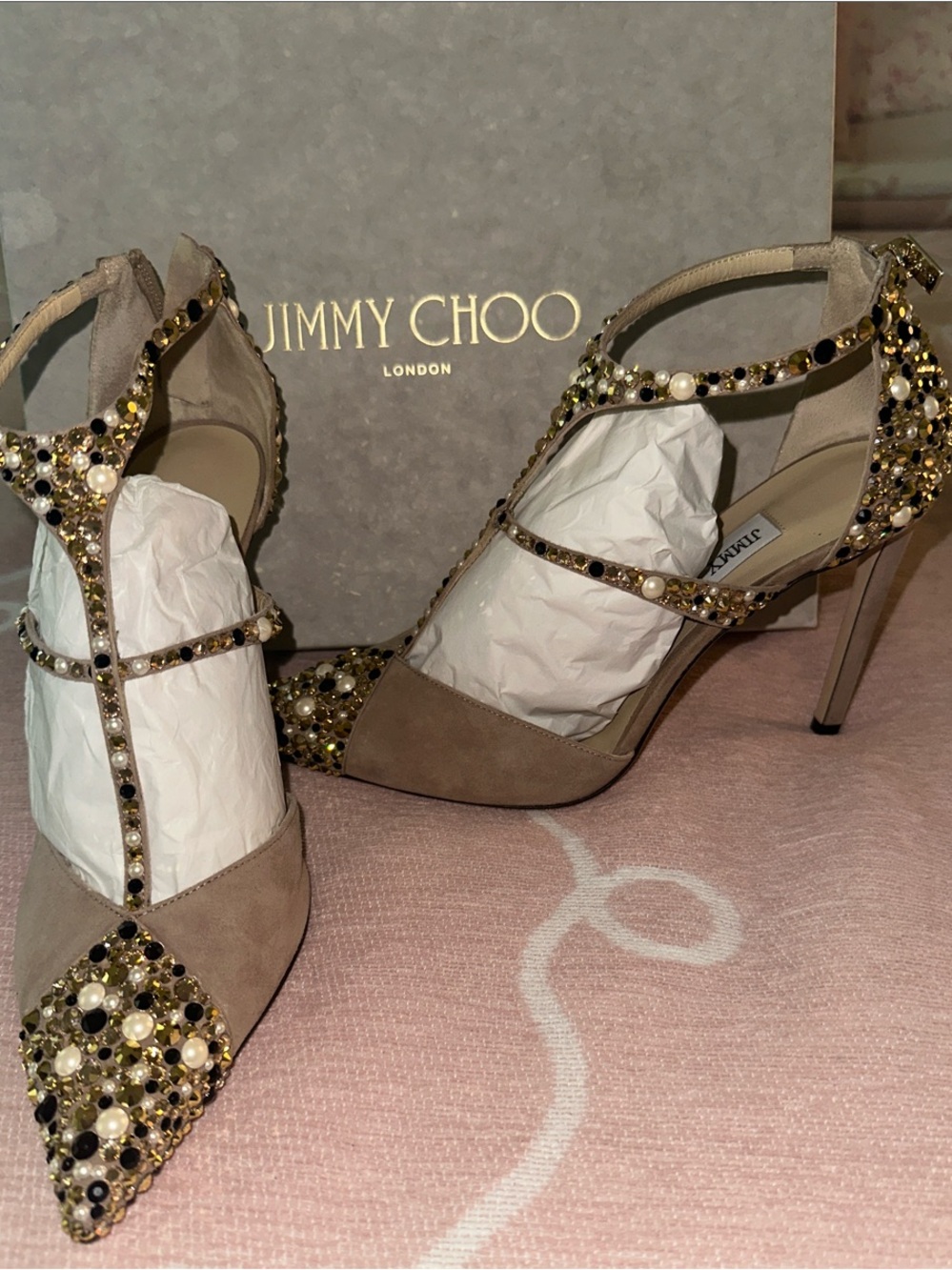 Jimmy Choo Taupe Suede T-Strap Crystal & Pearl Embellished Pumps